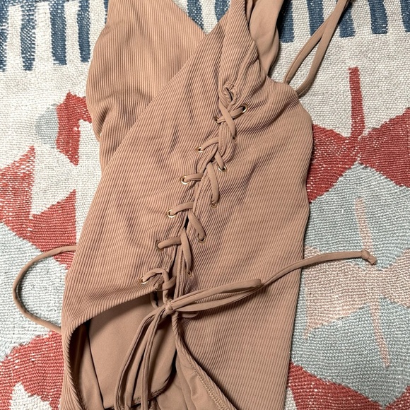 Blue Life Roped Up One Piece Swimsuit in Cacao Tan Lace Up Nude Deep V - Picture 8 of 12